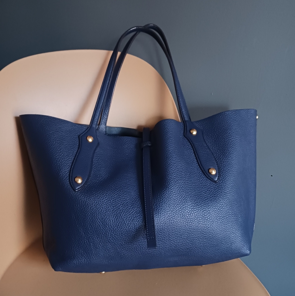 Annabel Ingall Navy Blue Leather Tote with Gold Hardware